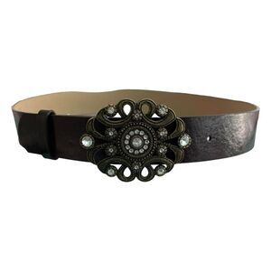 80s Steve Madden Brown Leather Belt Rhinestone Floral Brass Tone Metal Buckle S